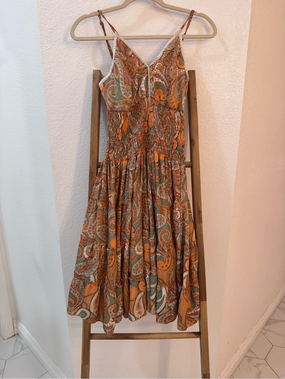 RAGA Rust & Teal Paisley Smocked Waist Midi Dress Bohemian Summer Size Small